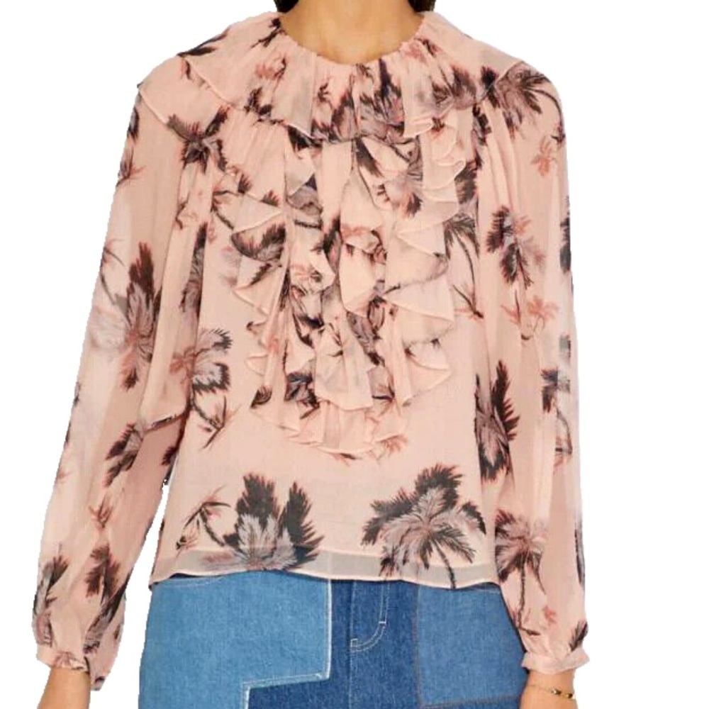 COACH Peasant Blouse Sheer Ruffle Woman’s 8 Silk Chiffon Palm Tree Print Career